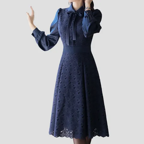 [루이스엔젤] 새틴 퍼프소매 배색 A라인 플레어 롱 원피스