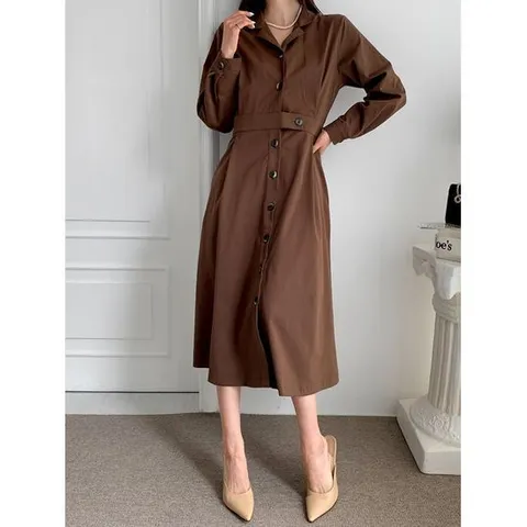 [샵앤]여성 플레어 주름 카라넥 앞단추 오픈 롱 원피스 CAT-WDR-3827-진베이지