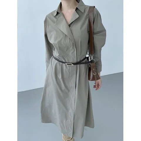[샵앤]여성 벨트 뒷밴딩 카라넥 앞지퍼 오픈 포켓 롱 원피스 CAT-WDR-3826-진베이지