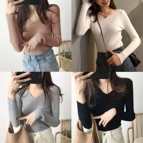 브이넥티 4컬러 여자 기본 골지티 골지브이넥티셔츠