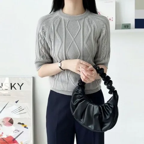 케이블 반팔니트 뽀얌 꽈배기 여성반팔니트 베이직 여