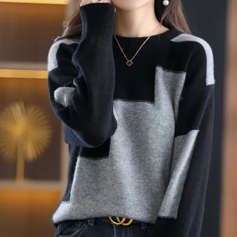 [오아즈] 여성 사각배색 라운드넥 긴팔 니트 니트티셔츠 3color