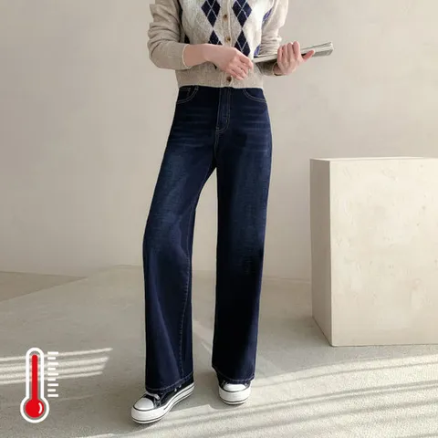 [진마니아] 인디고블루 히든밴딩 기모 안감 와이드 데님 팬츠