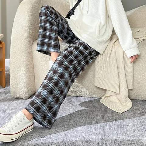 여성 체크 융털기모 바지 2개 세트 양털 홈웨어 와이드 트레이닝 팬츠