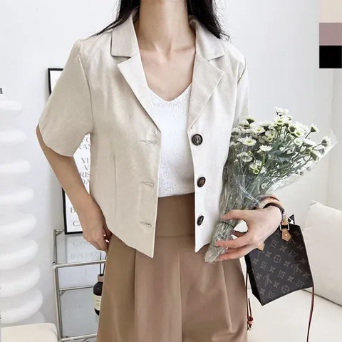 여성 린넨 버튼 크롭 반팔자켓 여름 정장 자켓