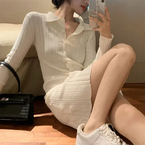 청순 섹시 슬림핏 여리여리 니트 카라 미니원피스