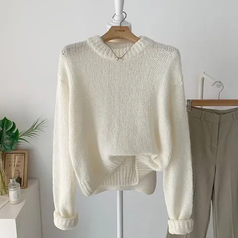 [디어썸띵]더블넥 알파카 크롭 니트 티셔츠