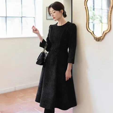 [시크라인] 텐코바 벨벳 글리터 트위드 플레어 원피스