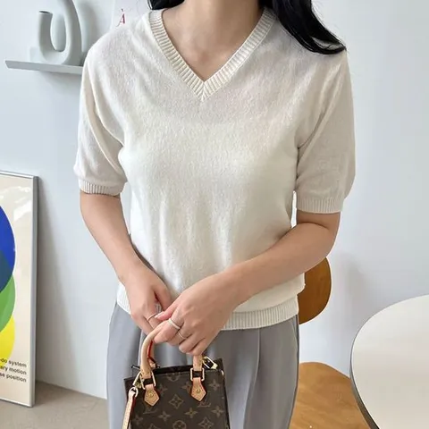 베이직 기본 반팔 니트티 브이넥 캐시 18컬러 데일리