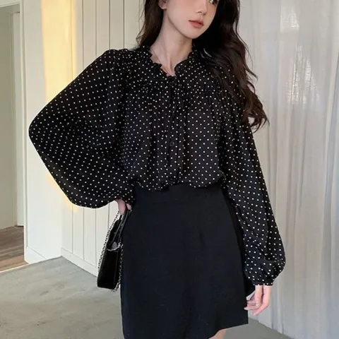 도트블라우스 벌룬소매 프릴 도트 체형커버 긴팔 블라우스