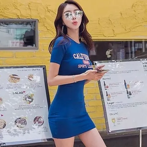 프린팅 캐주얼 반팔 라운드 슬림 여름원피스 라운드원