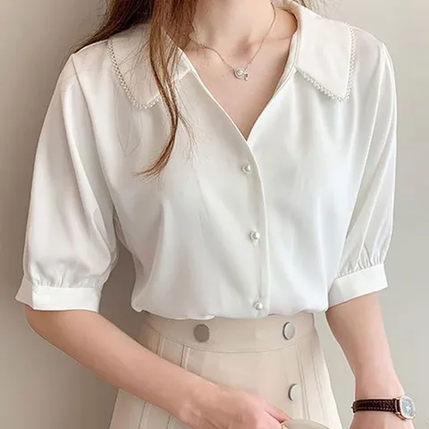 여성롱블라우스 새틴 쉬폰 블라우스 브이넥 진주 카라 하객 오피