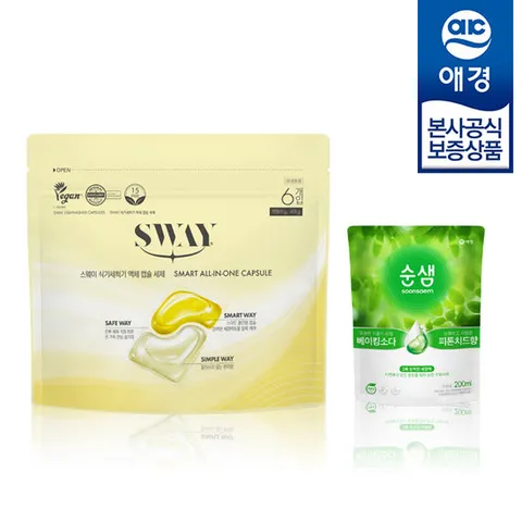 [체험특가 한정수량][애경] 스웨이 식기세척기 액체캡슐 세제 6입 + 주방세제 200ml