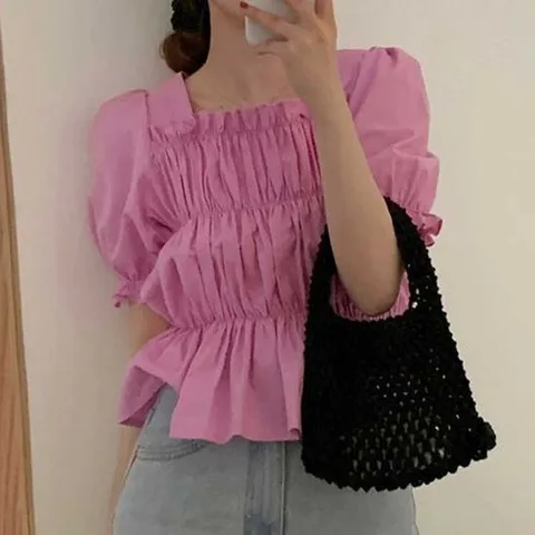 시스루셔츠 예쁜 스퀘어넥 크롭 3단 주름셔링 블라우스 퍼프소매