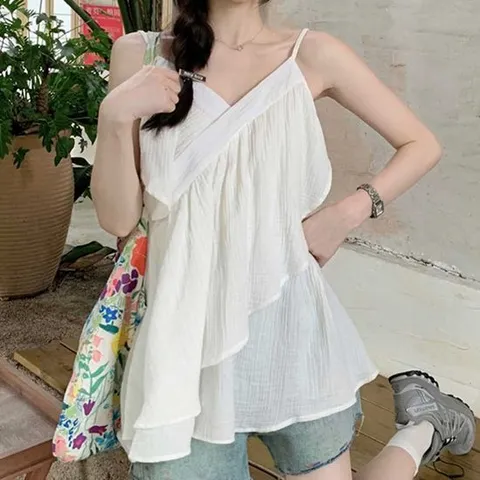 여성블라우스 코튼 끈나시 탑 브이넥 캉캉 프릴 디자인 주름원단