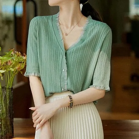 가디건 레이스 브이넥 그린 썸머 여름 반팔