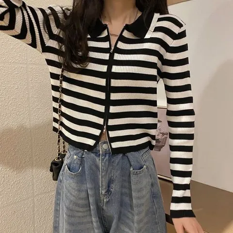 여성 스트라이프 카라 집업 세미크롭 가디건 숏 기장