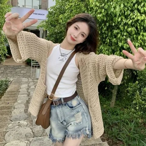 뜨게 데일리 루즈핏 망사 니트 비치가디건 비치 니트