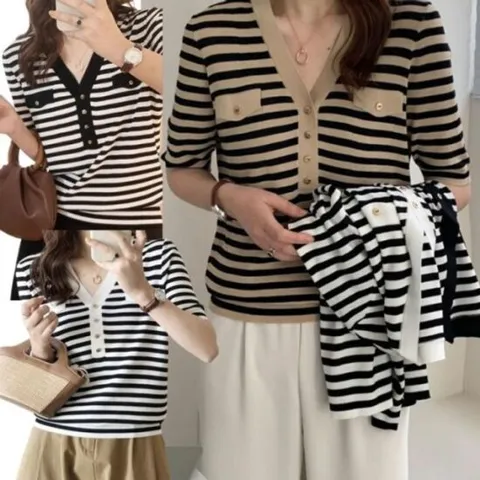 니트 반팔티 스트라입 7899 와이 니트티 CESS