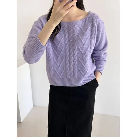 [샵앤]FW 국내산 여성 보트넥 데일리 꽈배기 니트 티셔츠 21DS-WKN-4031-연보라