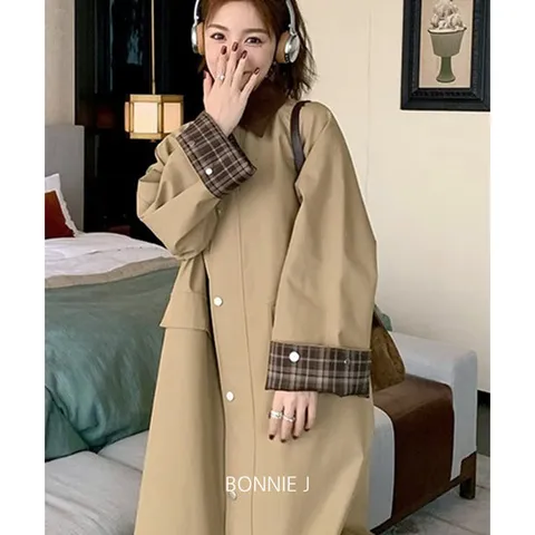 보니제이 / 체크 롤업 소매 오버 박시핏 롱 트렌치코트