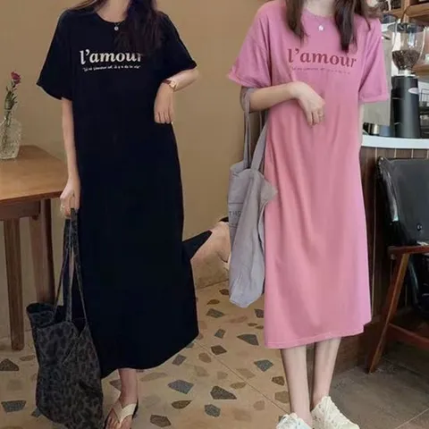 홈웨어 실내 편한 여성 밑단 트임 롱 반팔 원피스