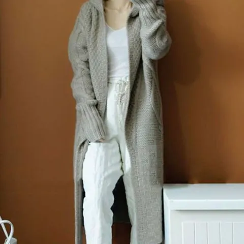 로브 롱 꽈배기 니트 후드 가디건 그레이