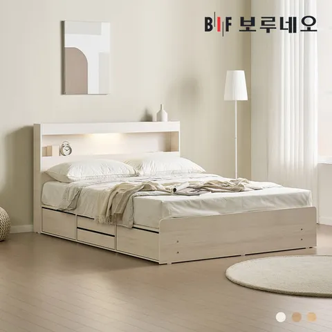 [착불] 보루네오 루나Po LED 4서랍 수납 침대 본넬유로탑매트리스 세트 Q