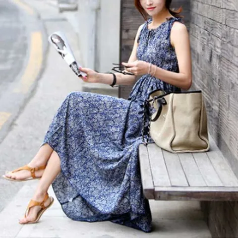비치웨어롱원피스 여자 여름 휴양지 리조트 룩 쉬폰 나시 롱 원