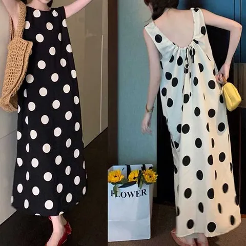 민소매원피스 도트패턴 민소매 원피스 라운드넥 일자핏 밑단 트