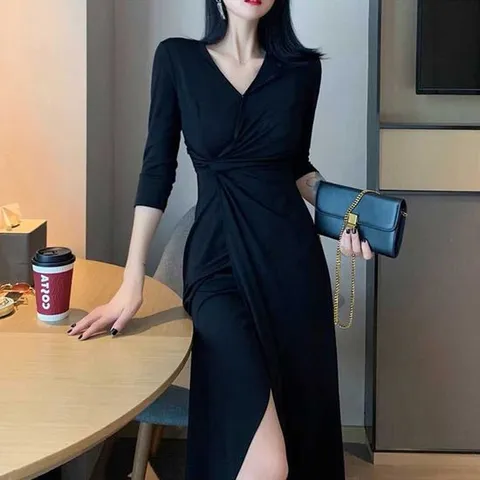 봄원피스블랙원피스 여자 모임 데이트 브이넥 검정 드레스 원피