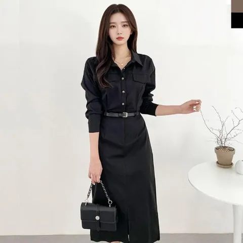 정장원피스 여성 우아한 클래식 하객룩셔츠 롱원피스 벨트포함