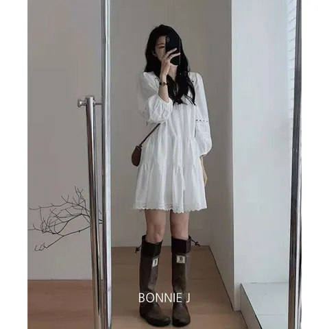 보니제이 / 에스닉 퍼프 루즈핏 레이스 캉캉 화이트 미니 원피스