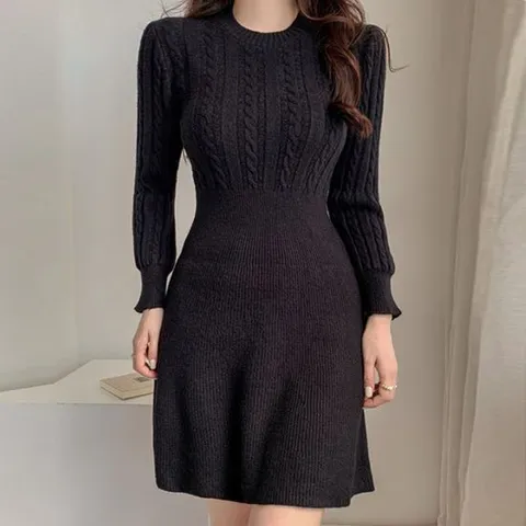 하객룩원피스 라운드넥 꽈배기 패턴 니트 미니원피스 플레어스커