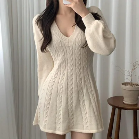 나바바 / NO835 꽈배기 미니 브이넥 긴팔 니트 원피스