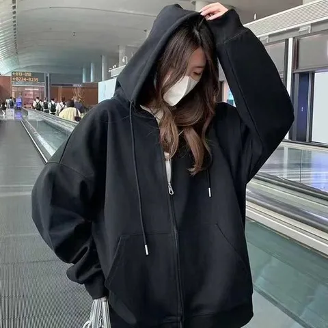 봄잠바오버핏후드집업 여자 공항 패션 캐주얼 후드 집업 검정 무