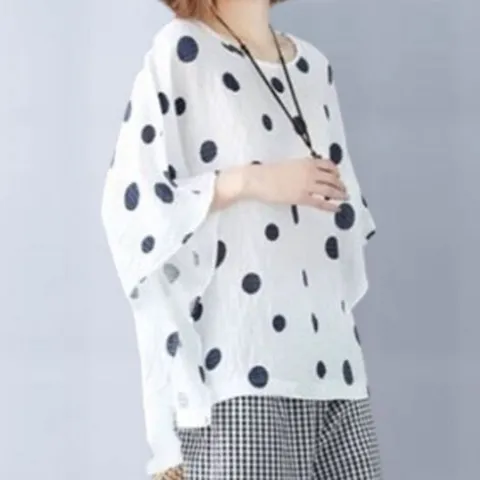 루즈핏블라우스 여성 여름 땡땡이 냉감 인견 루즈핏 반팔 티셔츠