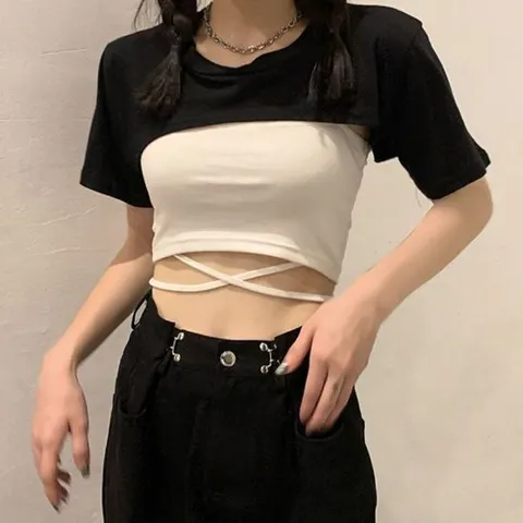 레이어드핫크롭 여자 2컬러 레이어드 크롭 반팔 티셔츠 루즈핏