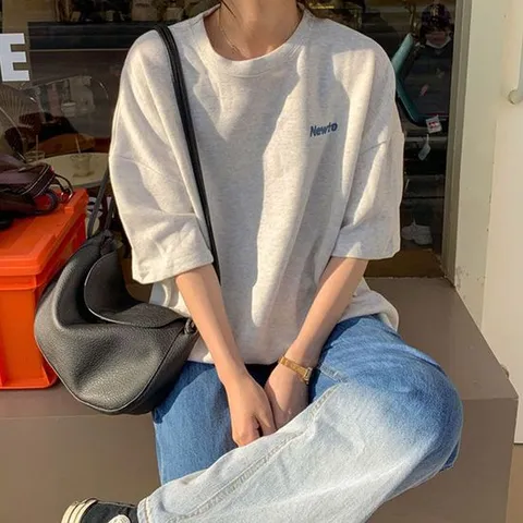 여름맨투맨 앞뒤 언발란스 영문 레터링 여자 오버핏 반팔 티셔츠