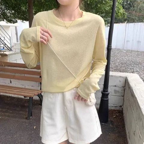 여름맨투맨 여자 여름 니트웨어 루즈핏 라운드넥 긴팔 티셔츠