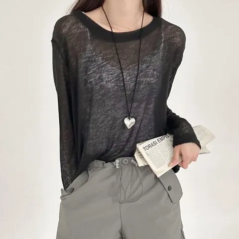 여성니트티 통기성 우수 찰랑 소재 여성 시스루 긴팔 티셔츠