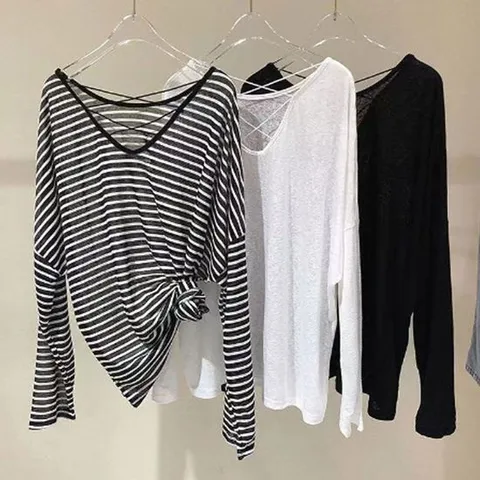 여름맨투맨 백라인 엑스 스트랩 시스루 긴팔티 바캉스룩 루즈핏