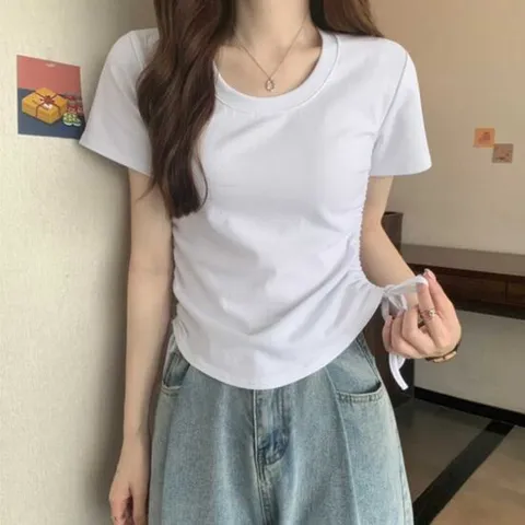 여성여름티예쁜면티 여자 청바지 코디 여름 흰 반팔 티셔츠 라운