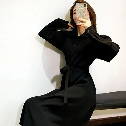 허리끈 여성 올 블랙 카라 원피스