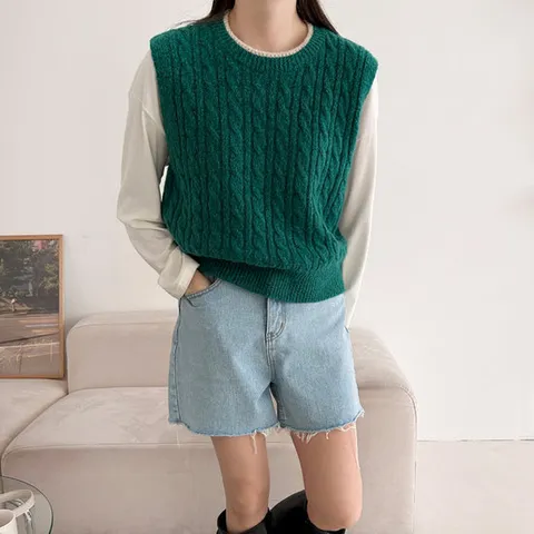 샵앤) 국산 여성 꽈배기 배색 니트 조끼 21DS-WVS-4005-그린