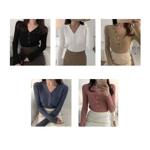 골지니트티 브이넥 단추 니트 티셔츠 이너니트 슬림핏 코디