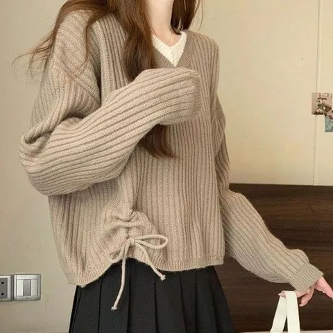 골지니트티 레이스업 브이넥 골지 니트 RNR 0015