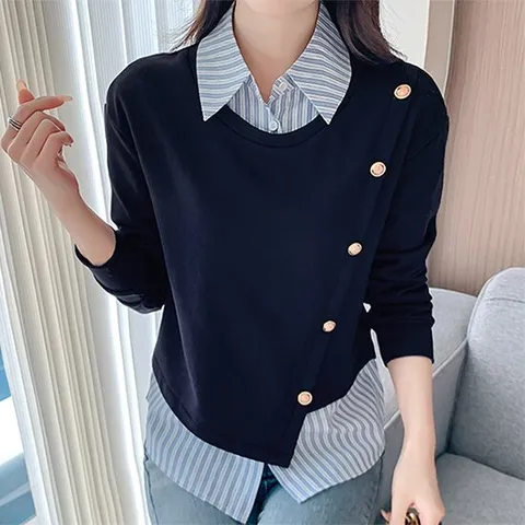 [패션시그널] 사선버튼 레이어드 셔츠블라우스 543E4D