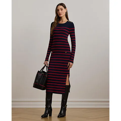 로렌 랄프 로렌 스트라이프 버튼 트림 미디 드레스(WMLRDRSS6820166410)
