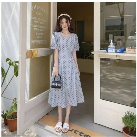 도트원피스 크림 도트 원피스 민트 스퀘어넥